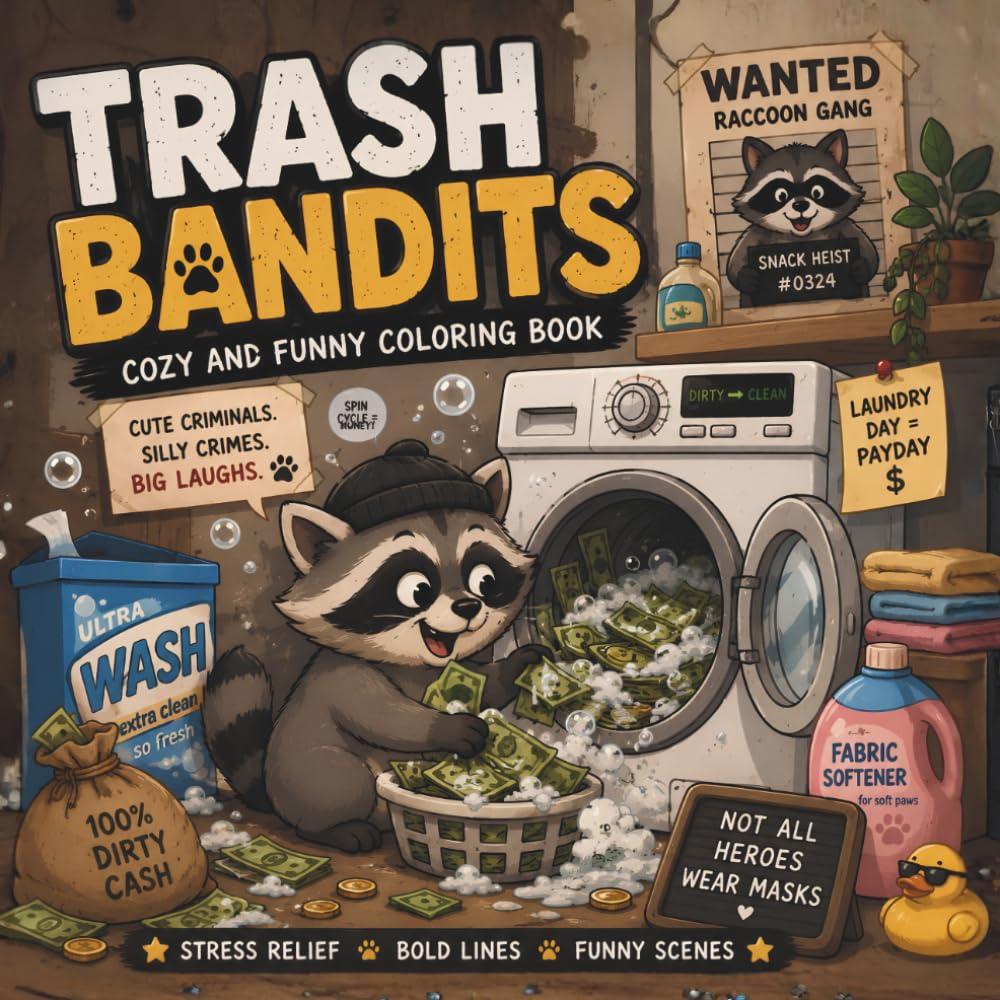 Trash Bandits: Cozy and Funny Coloring Book | Hilarious and Simple Cute Raccoon Criminals and Silly Heist Designs for Adults, Teens and Alcohol Markers | 8.5 x 8.5 Inch Square Edition