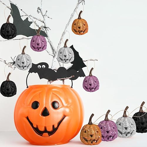 Miniatura 3 de 12 adornos de calabaza de Halloween, decoraciones de calabaza con purpurina, mini adornos de calabaza artificiales colgantes para Halloween, fiesta