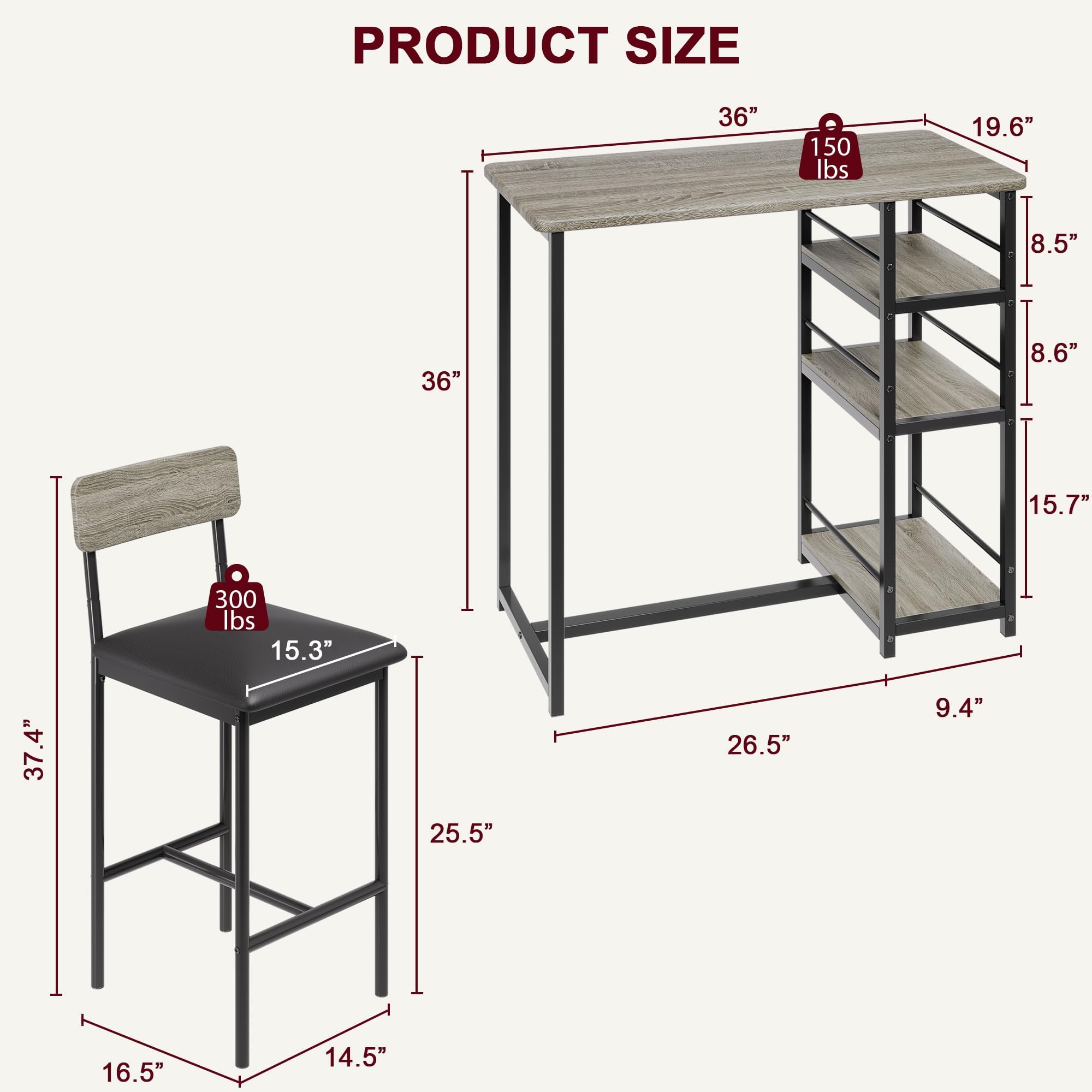 PortoAlegre 2-Personen Bar-Set Schwarz Retro - 3-teiliges Hochtisch-Set mit gepolsterten Klapphockern & 3 Staufächern - Platzsparend für kleine Räume, Apartments oder Küchen (Grau)
