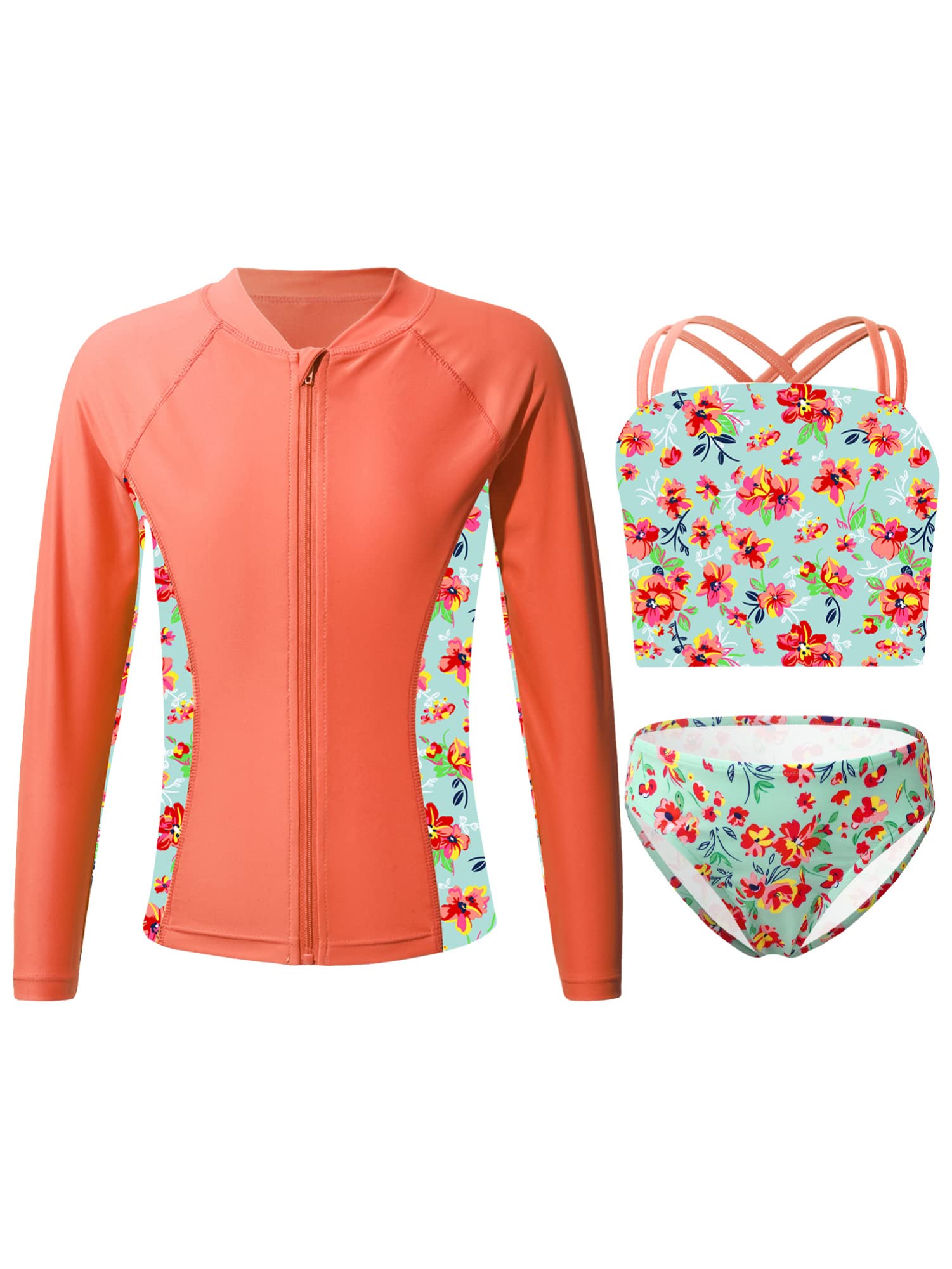 IEFIEL Traje de Baño Tres Piezas para Niñas Bañador Manga Larga de Protección Solar Conjunto Bikini y Triángulo o Short de baño Ropa de Deportiva Swimsuit 3-16 años