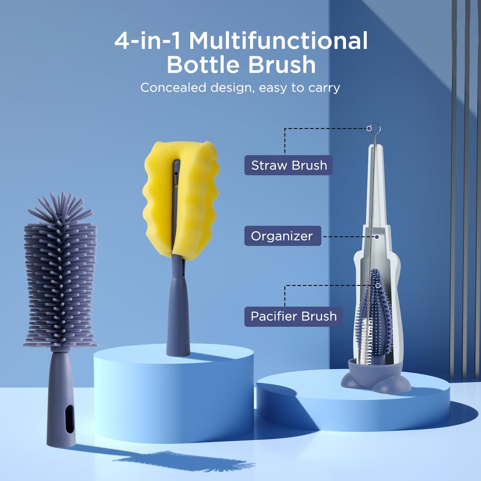 AiQInu Spazzola per Biberon, 4 in 1 in Silicone, Senza BPA per Tutti i Tipi di Bottiglie con Spazzola per Capezzoli, Cannuccia e Biberon a Tesa Larga