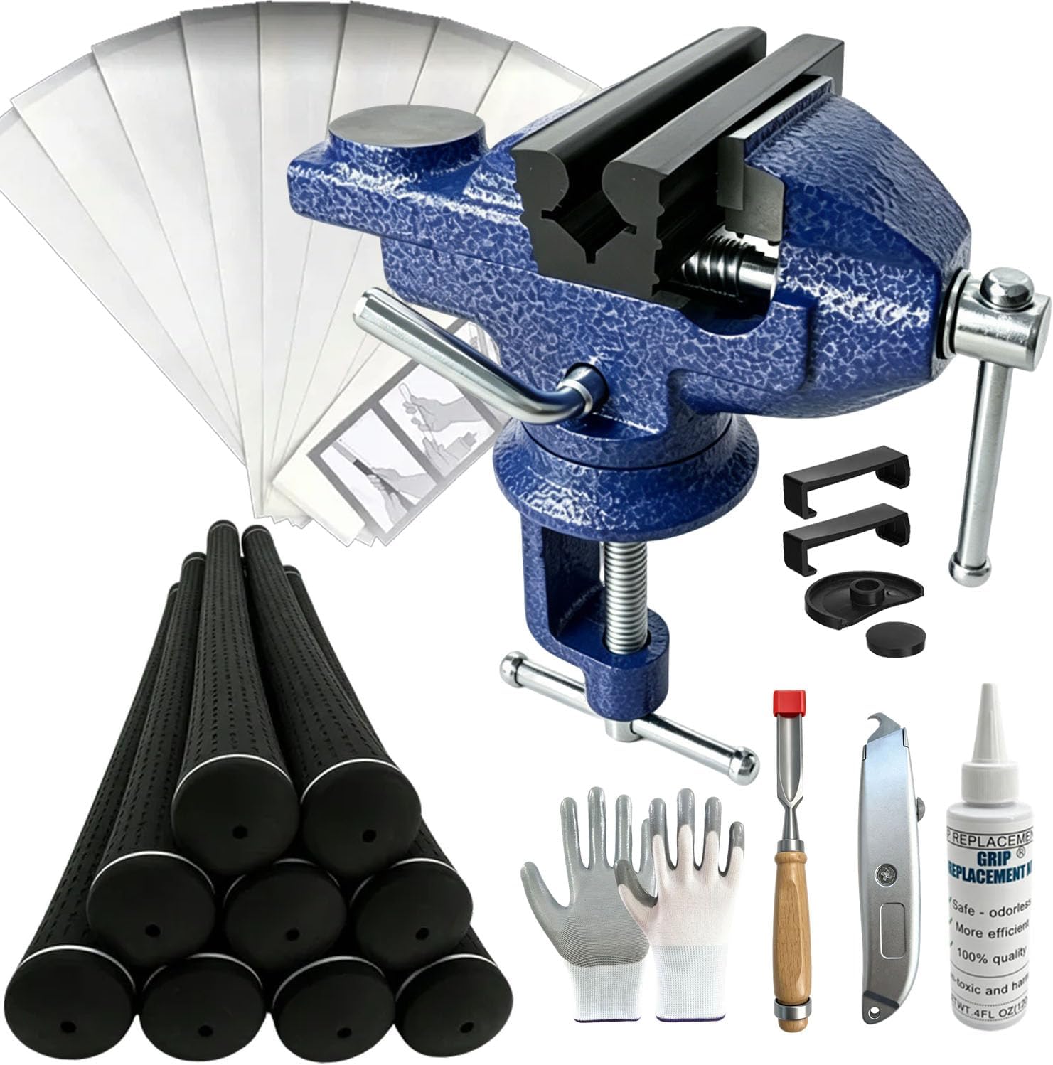Golf Grip Replacement Kit with Full Repair Accessories for Golf Club Grips | 9 Rubber Grips, Portable 360° Bench Vise Clamp, Hook Knife, Solvent, Tape Strips, Chisel Gloves Golf Club Grip Repair Kits