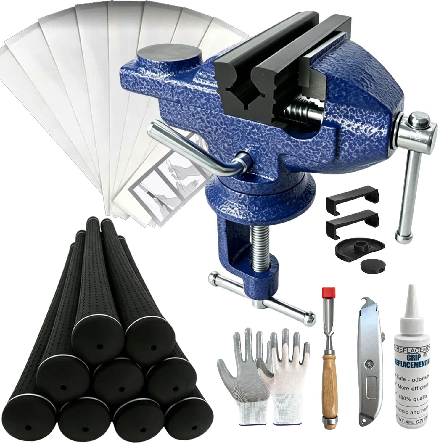 SirChic Kit de agarre de golf todo en uno para palos de golf de regripping - 9 agarres de goma, abrazadera de banco portátil, cuchillo de gancho, disolvente, 10 tiras de cinta, removedor de cinta
