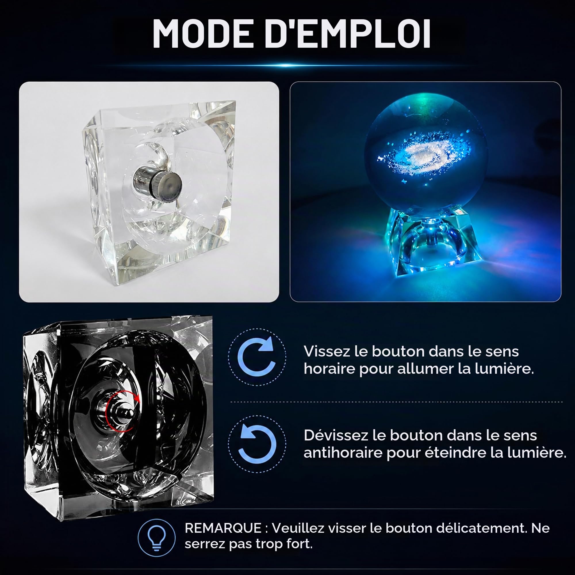 Boule de Cristal Galaxie 8 cm avec Socle LED, Sphère en Verre Gravure Laser 3D, Veilleuse Chambre Bébé et Enfant, Lampe Galaxy Décorative, Cadeau Anniversaire Noël pour Garçon et Fille
