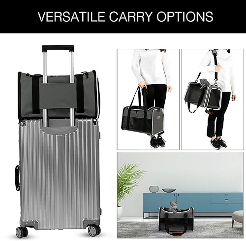 Vista 13 de X-zone Pet - Transportador de mascotas aprobado por aerolíneas, suave cara, plegable, transportador de viaje para mascotas y gatos medianos, M, Azul