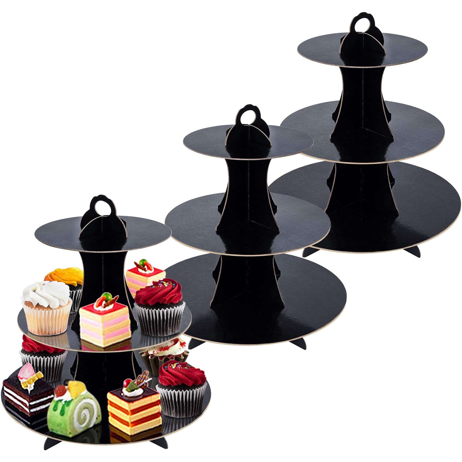 3 Pack Cardboard Cupcake Stand Round 3 Tier, Black Cupcake Holder Tower 3-tier Dessert Cake Display Stand for 24 Cupcakes Perfect for Halloween Party, Wedding, Birthday Party, and Graduation