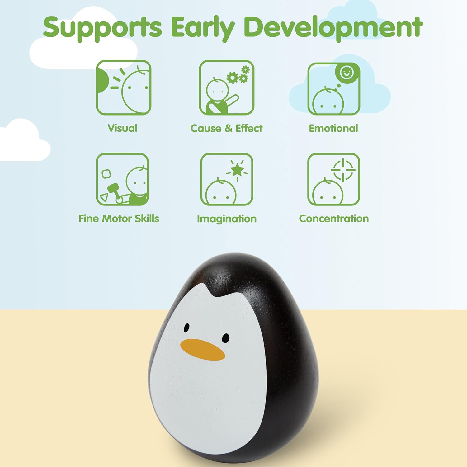 PlanToys® Penguin Wobbler Montessori Wooden Baby Sensory Toy for Tummy Time | Cause & Effect Developmental Toy for Babies 6+ Months image 4