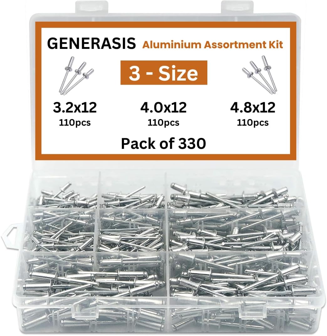 Generasis Blind Rivet Aluminium Set 3.2 x 12, 4.0 x 12 and 4.8 x 12, Metal POP Rivets for Riveting Gun/Riveter Machine, 3 Small Sizes, 110 Pieces Each, 330 Pieces Total