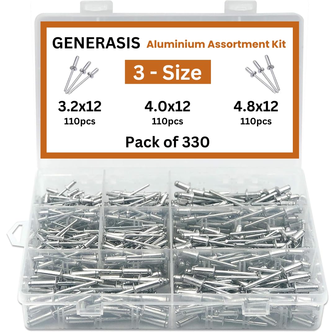 Generasis Blind Rivet Aluminium Set 3.2 x 12, 4.0 x 12 and 4.8 x 12, Metal POP Rivets for Riveting Gun/Riveter Machine, 3 Small Sizes, 110 Pieces Each, 330 Pieces Total