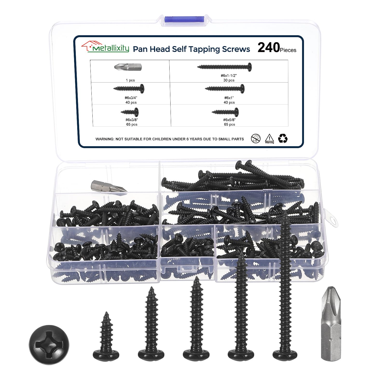 METALLIXITY Phillips Pan Head Self Tapping Screws(#6) 240Pcs, 304 Stainless Steel Self Drilling Screw for Metal Wood Plastic with Bit, for Cabinet Wall Shutter Plate Rock Furniture, Black