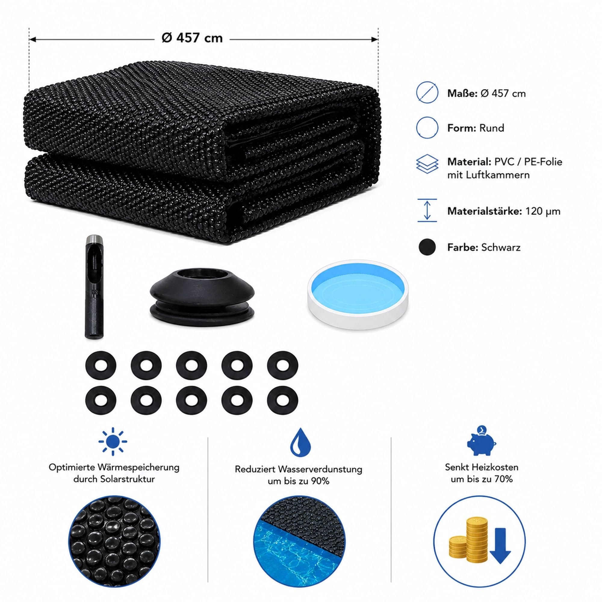 Mucola Solarfolie Pool rund Ø 457 cm Schwarz inkl. 10 Ösen & Werkzeug | Poolabdeckung Solarplane Pool Abdeckplane PVC PE-Folie Luftkammern 120 My | Wärmefolie Poolfolie Solarheizung zuschneidbar