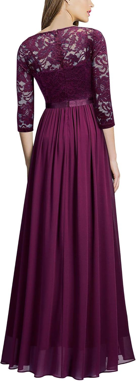 MISSMAY Women's Vintage Floral Lace V Neck Evening Bridesmaid Formal Long Dress - Image 2