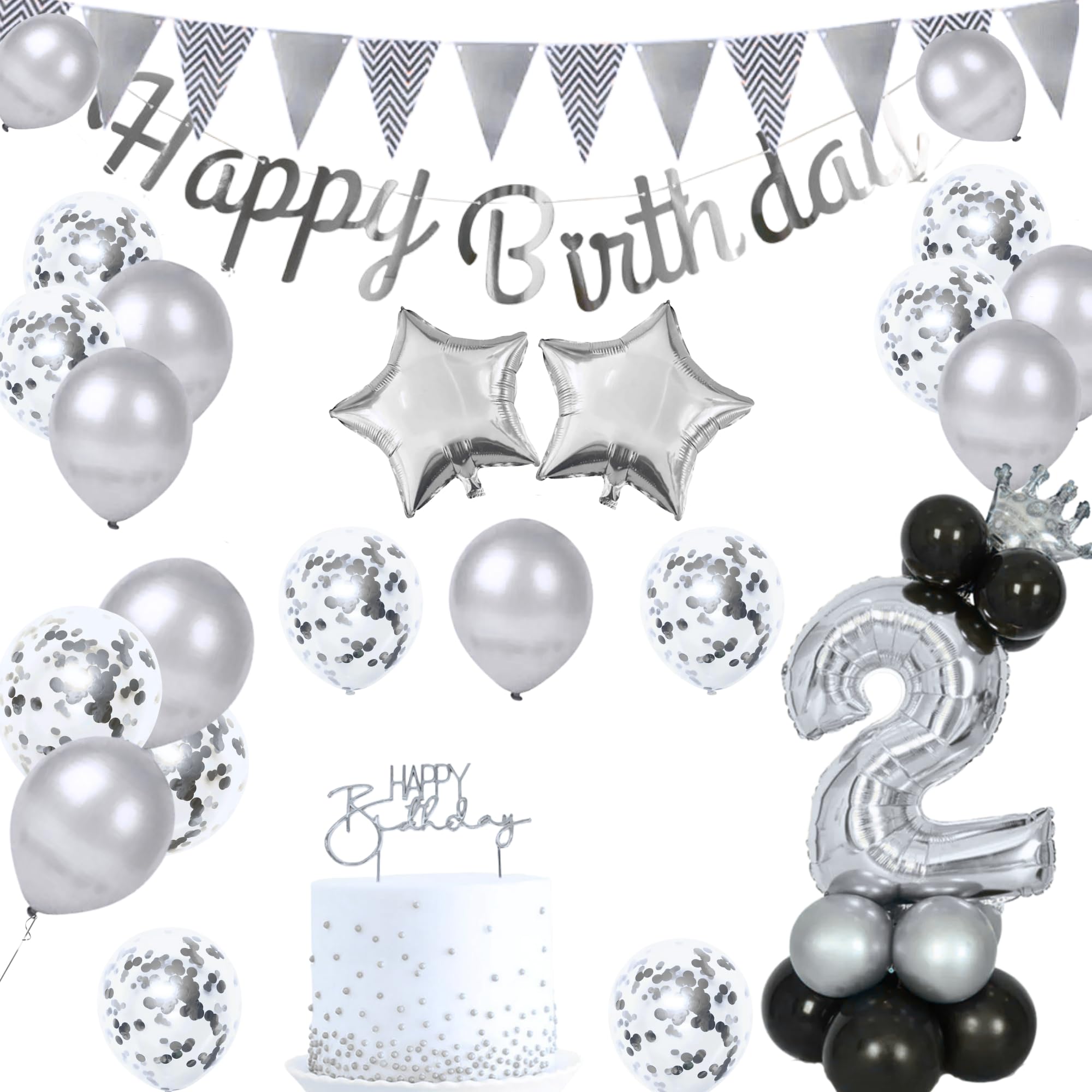 ALCR Silver Birthday Party Decorations Balloons Set with Foil Helium Star and Latex Confetti Balloons for Kids Birthday Party, Anniversary, or any Celebration /Occasion