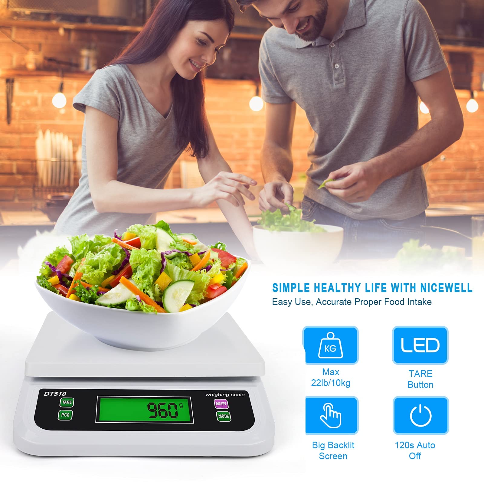 Elektroniczna waga kuchenna 30 kg/1g, cyfrowa waga spożywcza, domowe gotowanie, ważenie owoców, waga wielofunkcyjna (Bianco, 30kg)