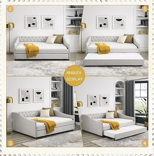 Miniatura 7 de Sofá cama matrimonial con nido, marco de cama moderno de madera con botón copetudo y cabeza de clavos, sofá cama tapizado con nido extraíble para