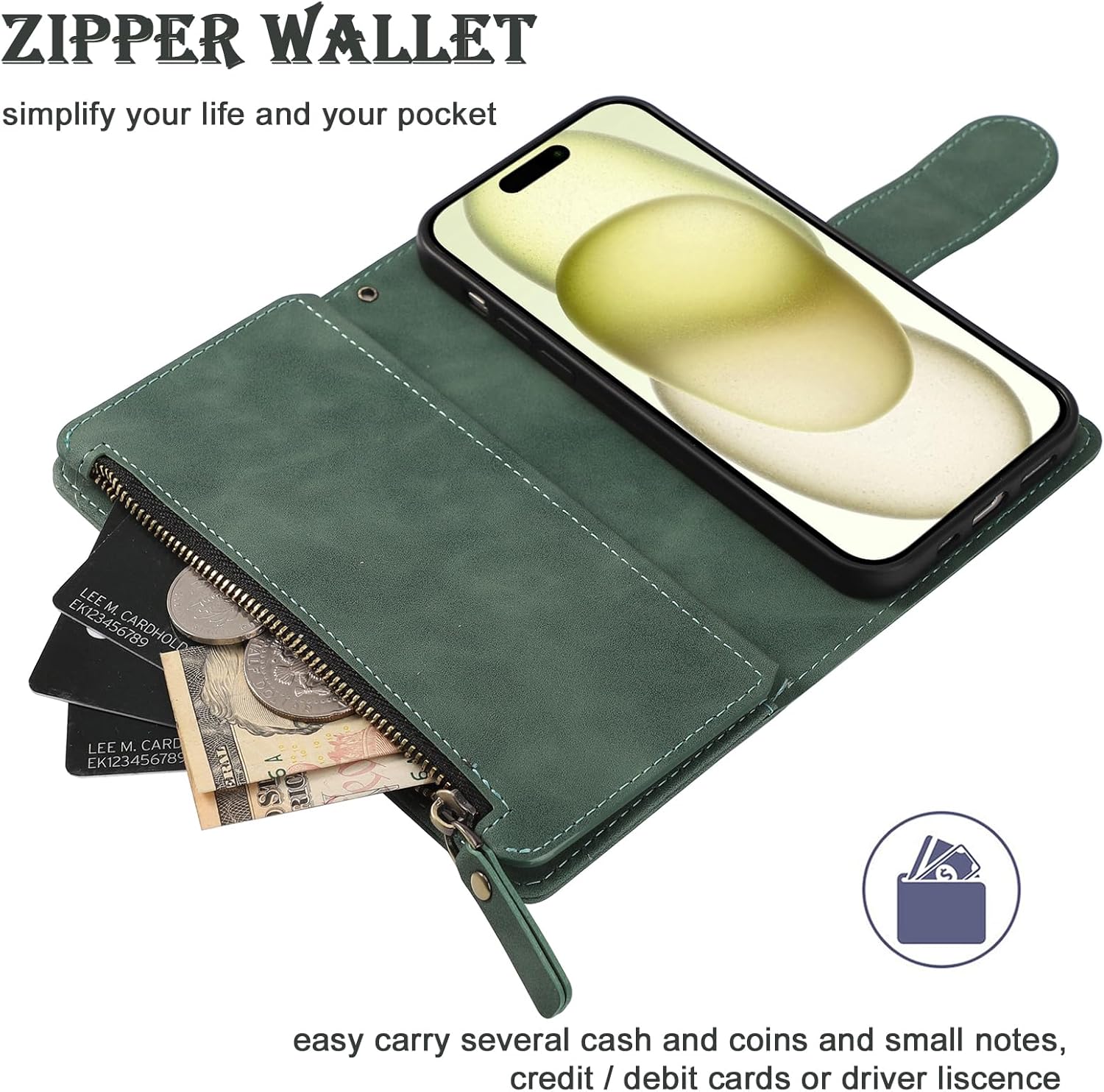 RANYOK Wallet Case for iPhone 15 (6.1 inch) with RFID Blocking Credit Card Holder, Premium PU Leather [Zipper Pocket] Flip Folio Wallet with Wrist Strap Kickstand Protective Case (Black Green) - Image 5