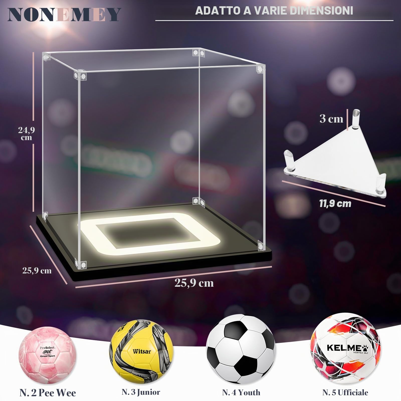Nonemey Vetrina Pallone da Calcio con Luce,Scatola da calcio in acrilico Protetta dai raggi UV,Vetrina Espositiva per Cimeli Sportivi Autografata Pallavolo Regali di Soccer, 25x25x25 cm