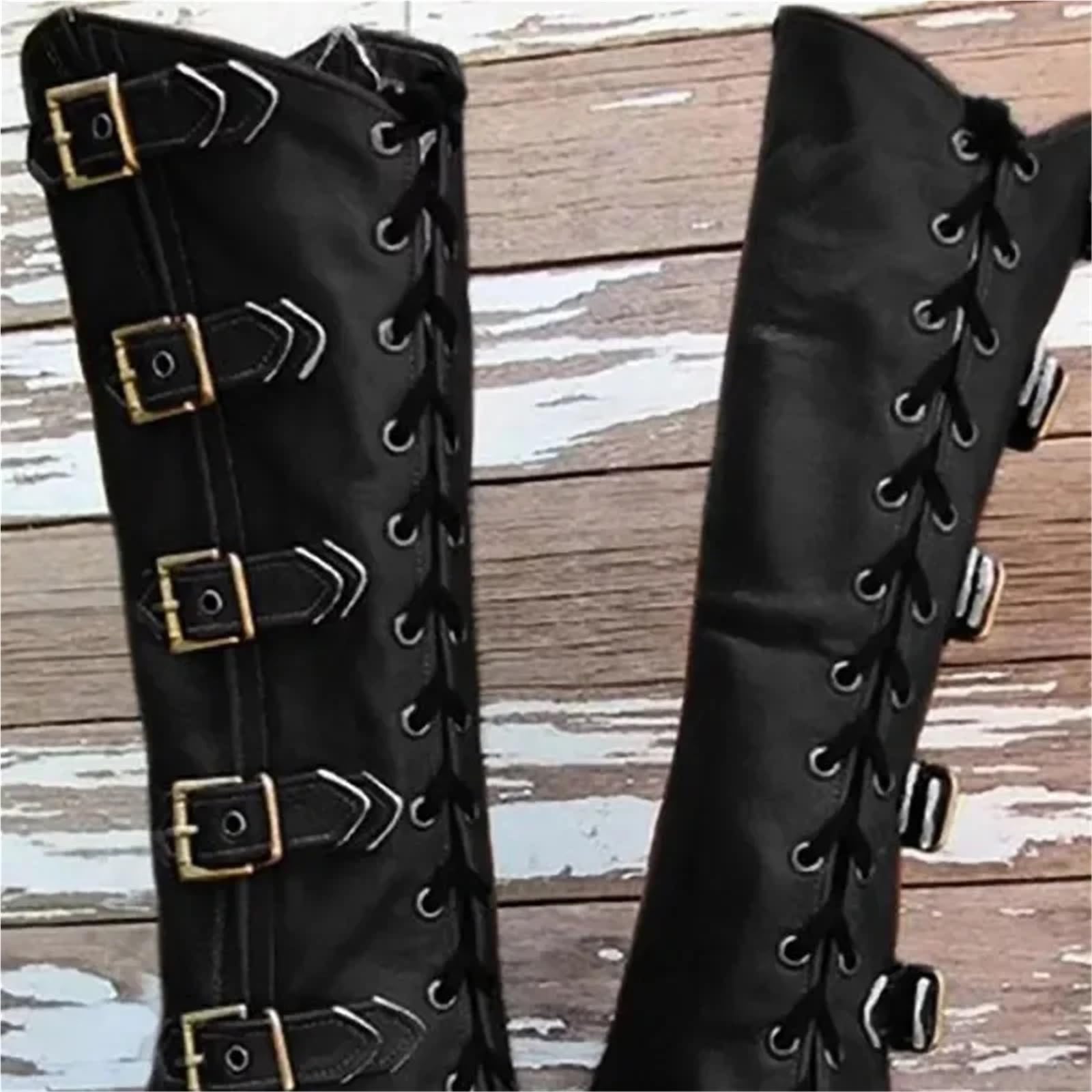 Beinschienen Mittelalter,Mittelalter Schuhe Mittelalterliche Ritter Leder Bein Rüstung Beinschienen Steampunk Stiefel Schuhe Abdeckung Gamasche for Männer Frauen(Black)
