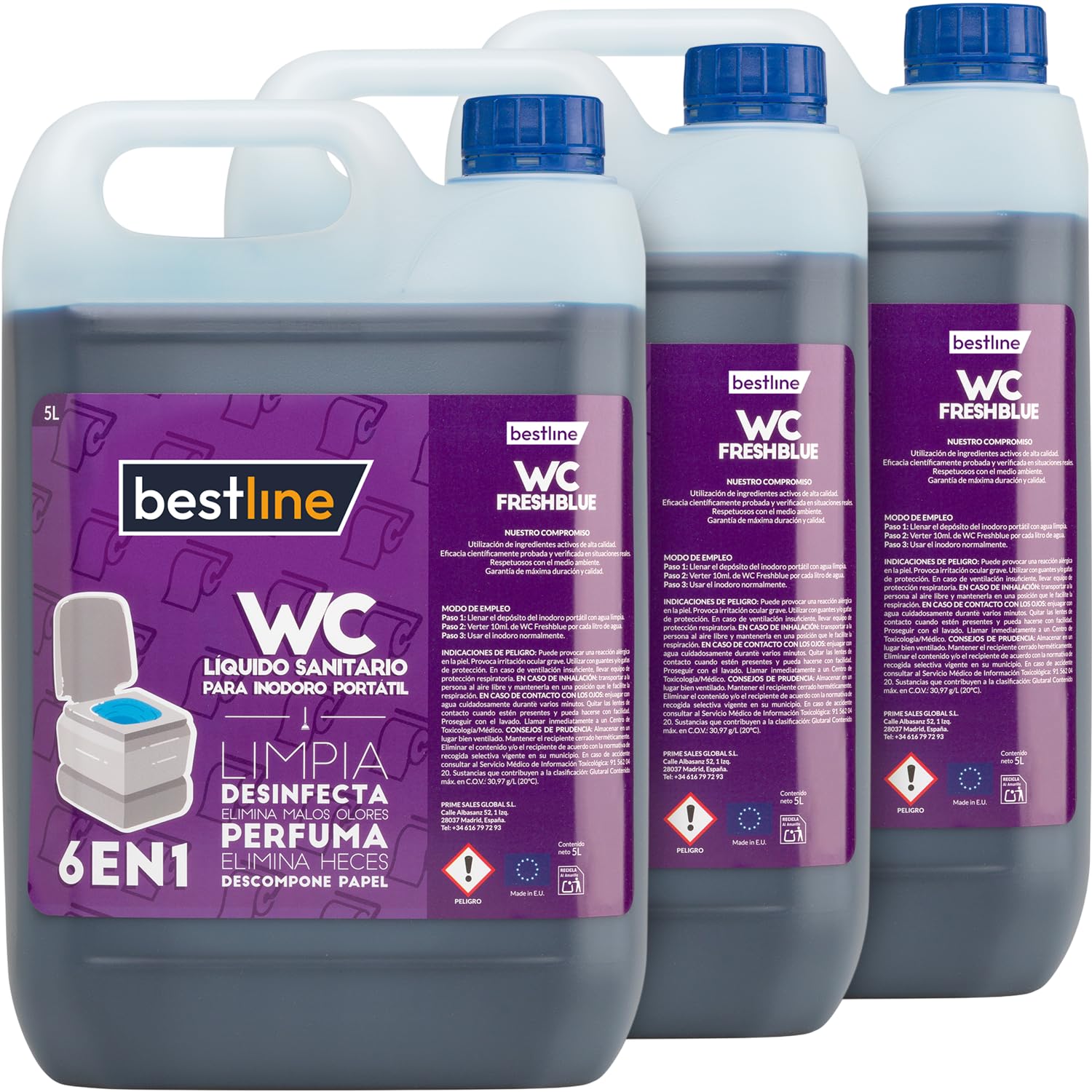 BESTLINE - Pack 3 Garrafas Limpieza Inodoro Portátil WC Químico Caravanas - 15 litros