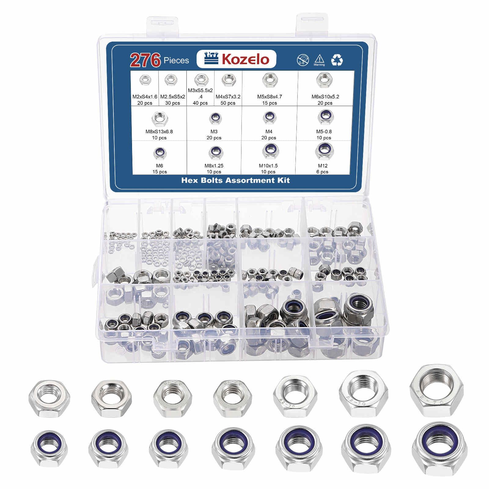 Kozelo 276pcs Hex Nuts Assortment Kit - [M2 M2.5 M3 M4 M5 M6 M8 M10] 304 Stainless Steel 18-8 (A2-70) Hardware Nuts with Nylon Insert Lock Hex Nuts Set for Mechanical Repair & Assembly