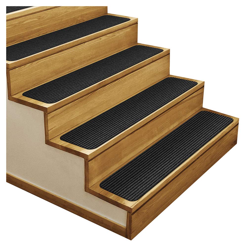 House, Home and More Set of 15 Skid-Resistant Double-Ribbed Carpet Stair Treads – Smokey Black – 9 Inches X 36 Inches