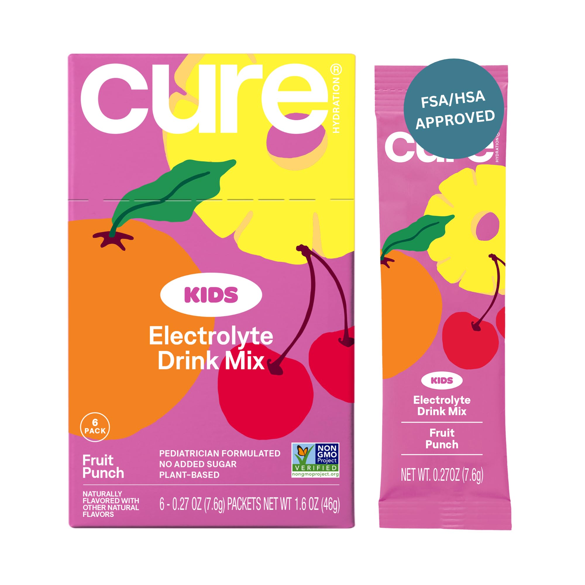 Cure Hydration - Kids Electrolyte Drink Mix | Plant-Based Pediatrician Formulated Rehydration | No Added Sugar, FSA-HSA, Non-GMO, Gluten-Free, No Artificial Flavors | Box of 6 Packets - Fruit Punch