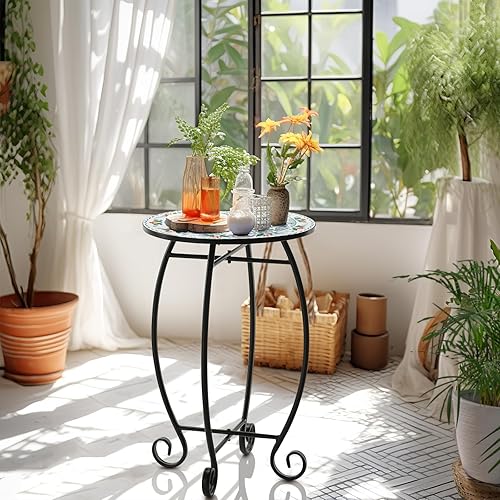 Miniatura 2 de Mesa auxiliar, mesa auxiliar redonda de 14 pulgadas, mesa de azulejos de cerámica de relieve único con marco de metal, mesa de acento de metal con