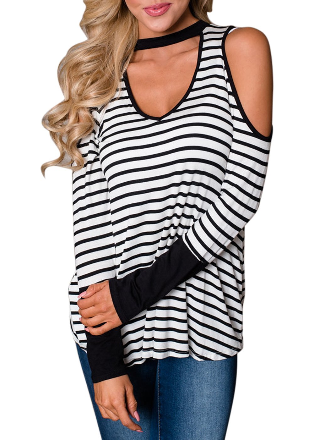 Womens Vogue V-Neck Halter Cold Shoulder Blouse Long Sleeve Shirts Striped Casual Tops (Black & White, X-Large)