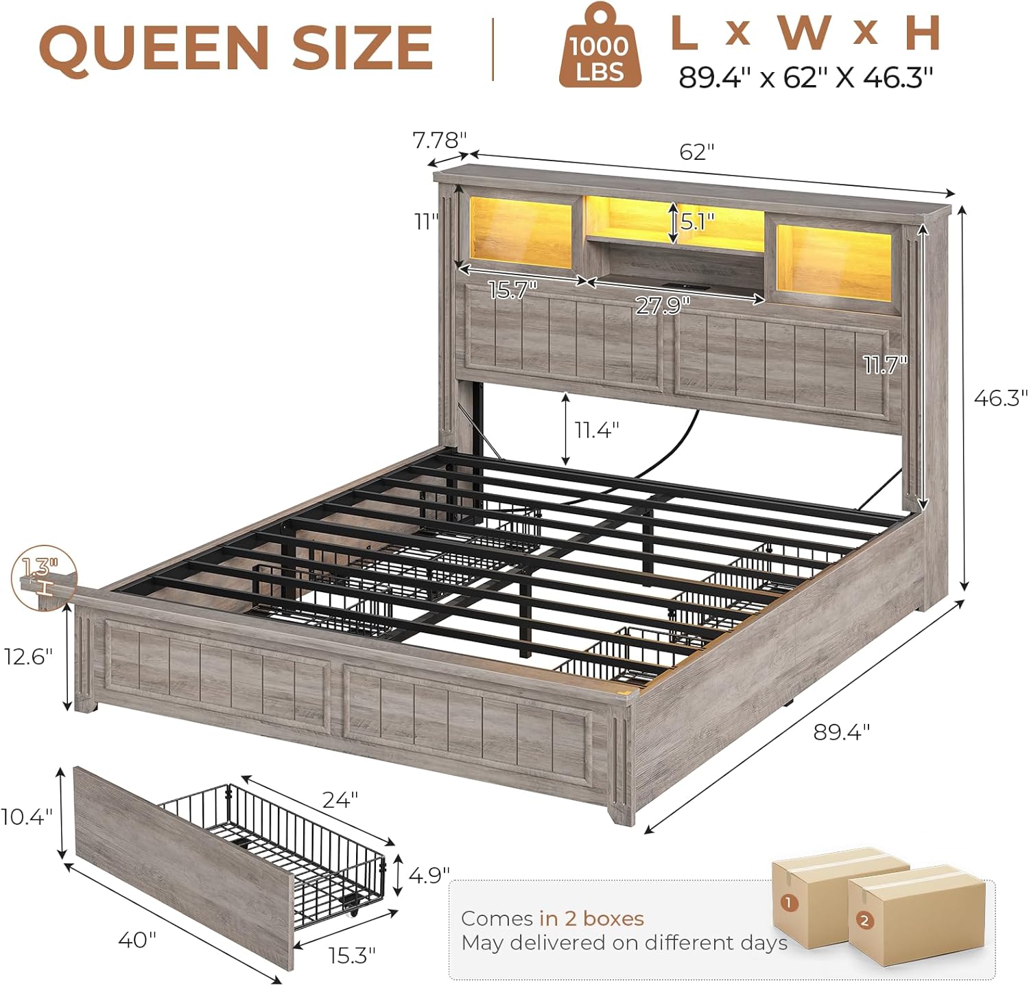 Detailed dimensions of the AOGLLATI Queen Farmhouse Bed Frame