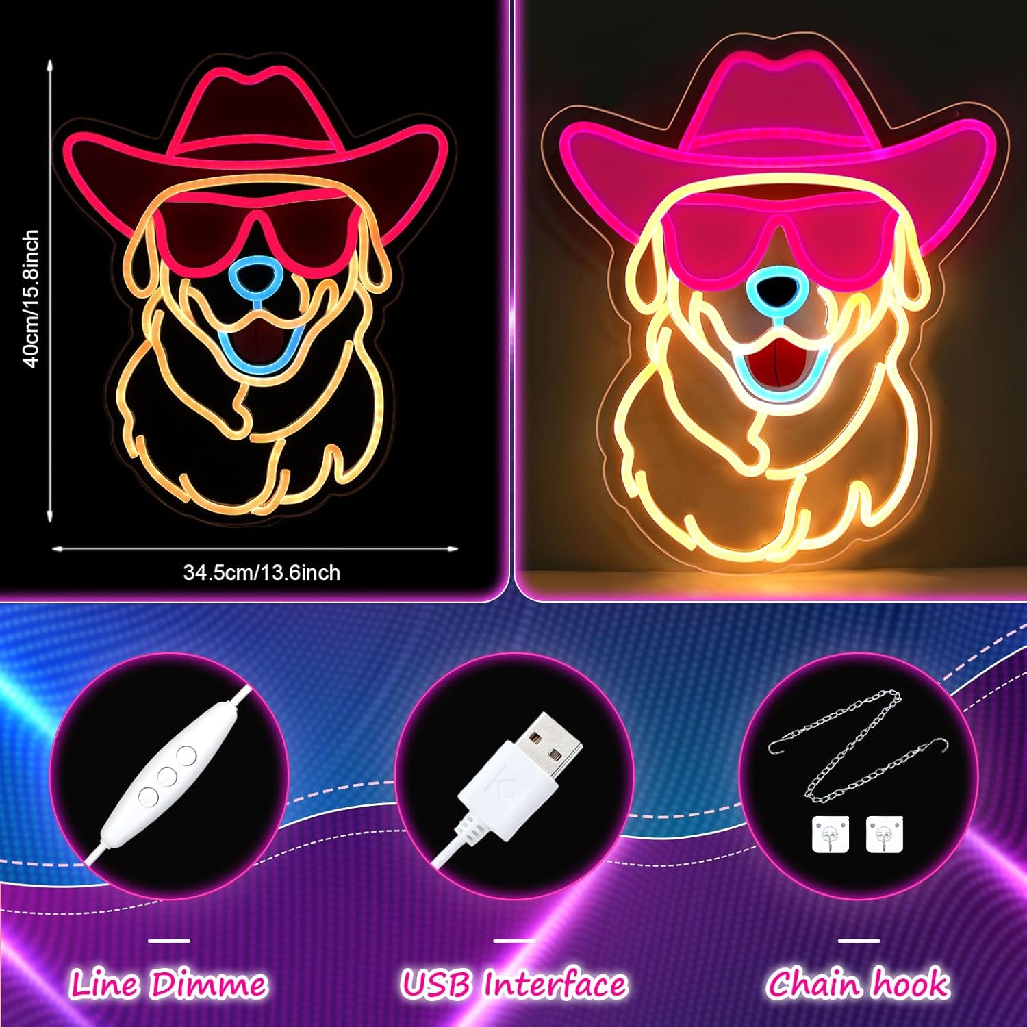 Retisee Golden Retriever Neon Sign Wall Decor Wearing Glasses Dog with Cowboy Hat LED Neon Light Dimmable Pet Animal Sign for Dog Lover Living Room Shop Bar Birthday Party Accessory Birthday Gift - Image 2