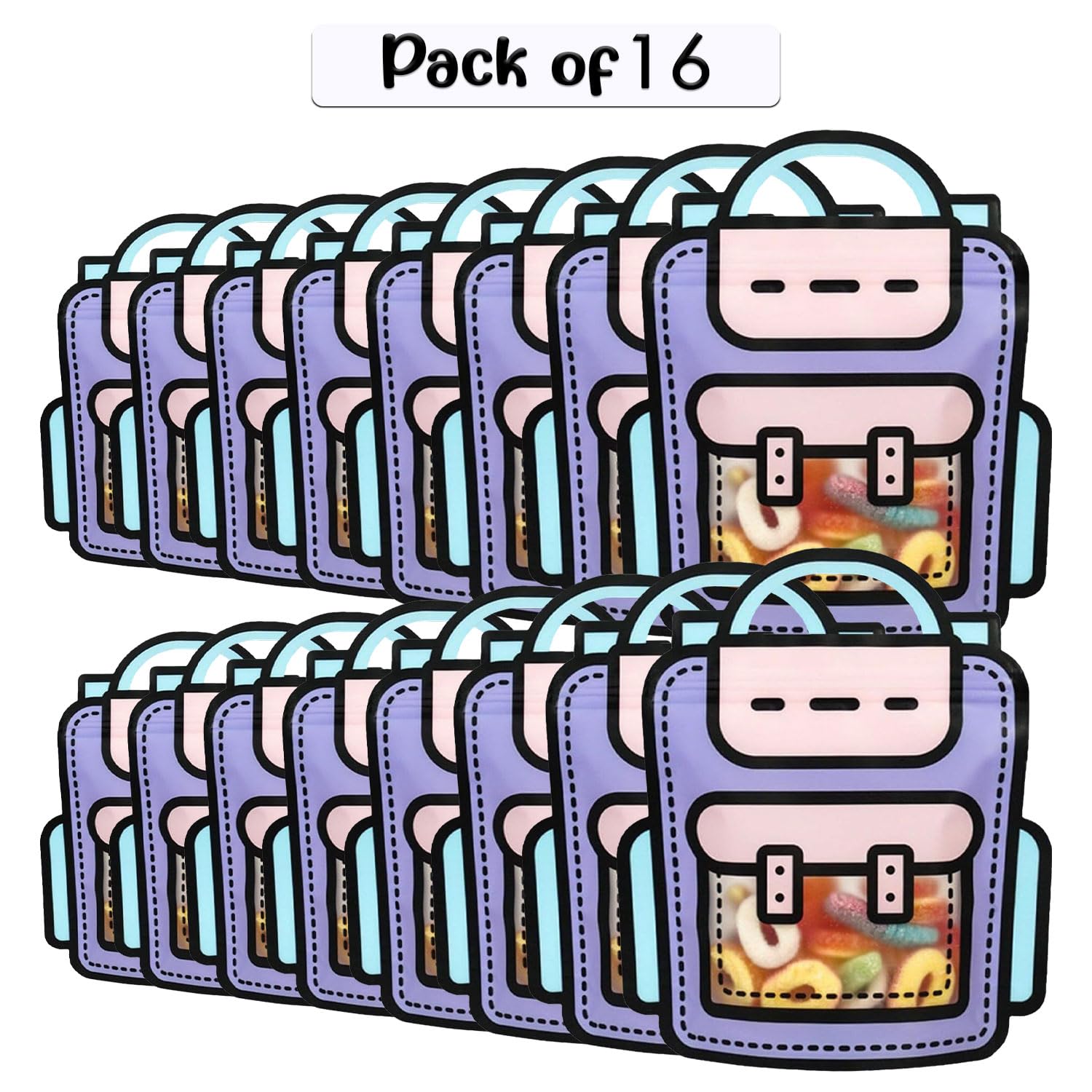 SKY FLEXI PACK – 16 Pcs, Small School Bag Themed Candy & Cookie Bags (18cm x 21cm, Purple) – Perfect Goody Bags for Kids, Ideal for Return Gifts for Birthday and Party Favors 1