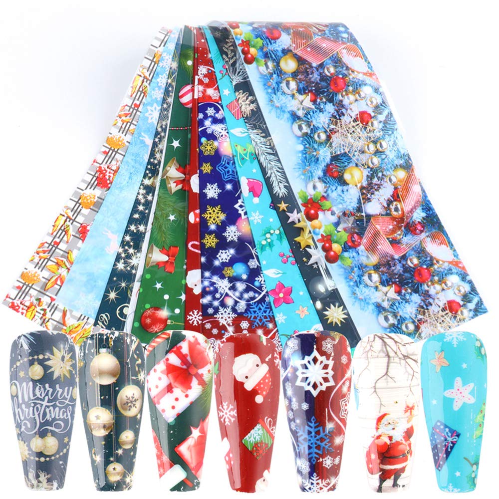 10pcs Colorful Christmas Nail Foils Set Nail Art Foil Transfer Stickers Snowflake Santa Xmas Snow Flower Decals Manicure Tips Accessories for Women Girls Kids Nails Art Decorations Party Supplies