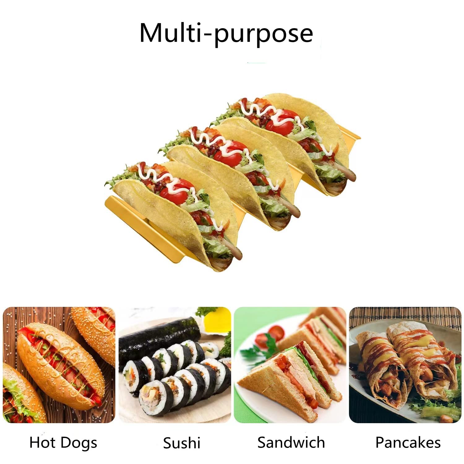 Lot de 6 supports à tacos dorés avec poignées pour fête, lot de 6 plateaux à tacos en acier inoxydable, peut contenir jusqu'à 3 tacos chacun empilable, passe au lave-vaisselle et au four