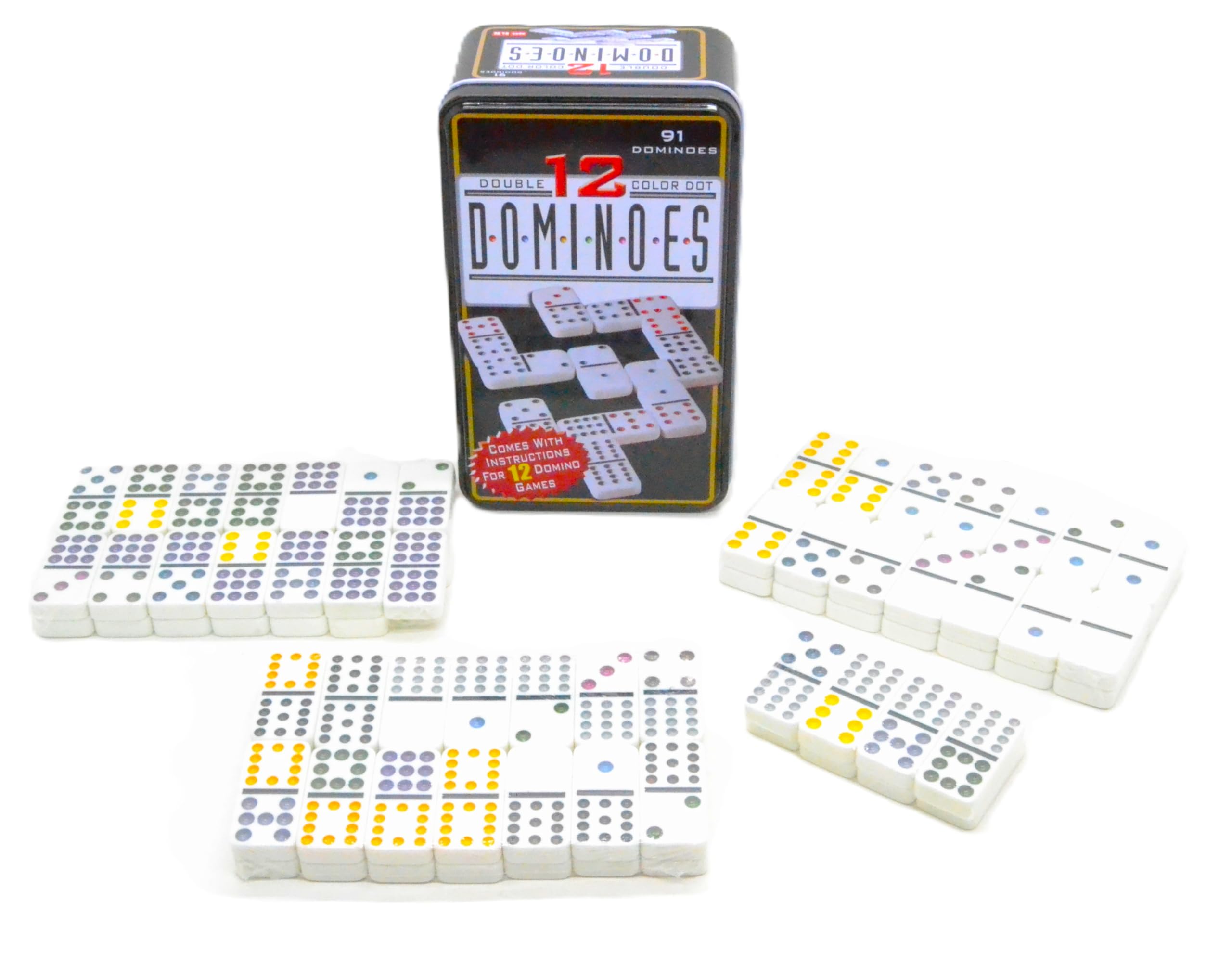 91pcs Professional Adults. Large XXL Box Dominoes Set of 12 Colours, 91 Chips, Double Dots, in Metal Box, Large XXL Box (Set 91, Dominoes) in Metal Box