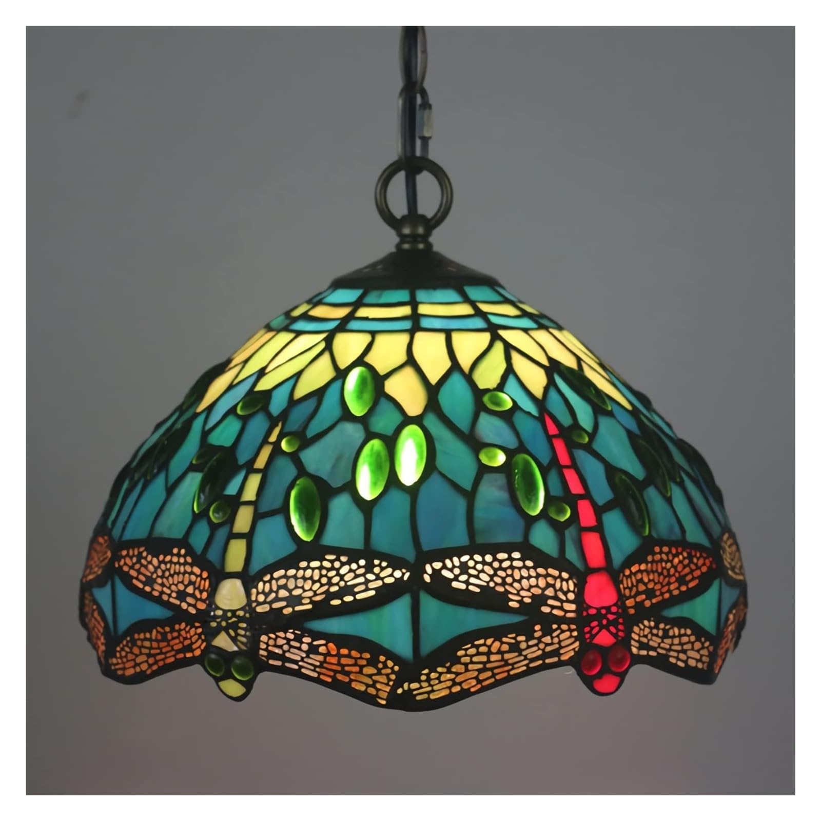 Lustre libellule vert en vitrail traditionnel, plafonnier réglable haut de gamme