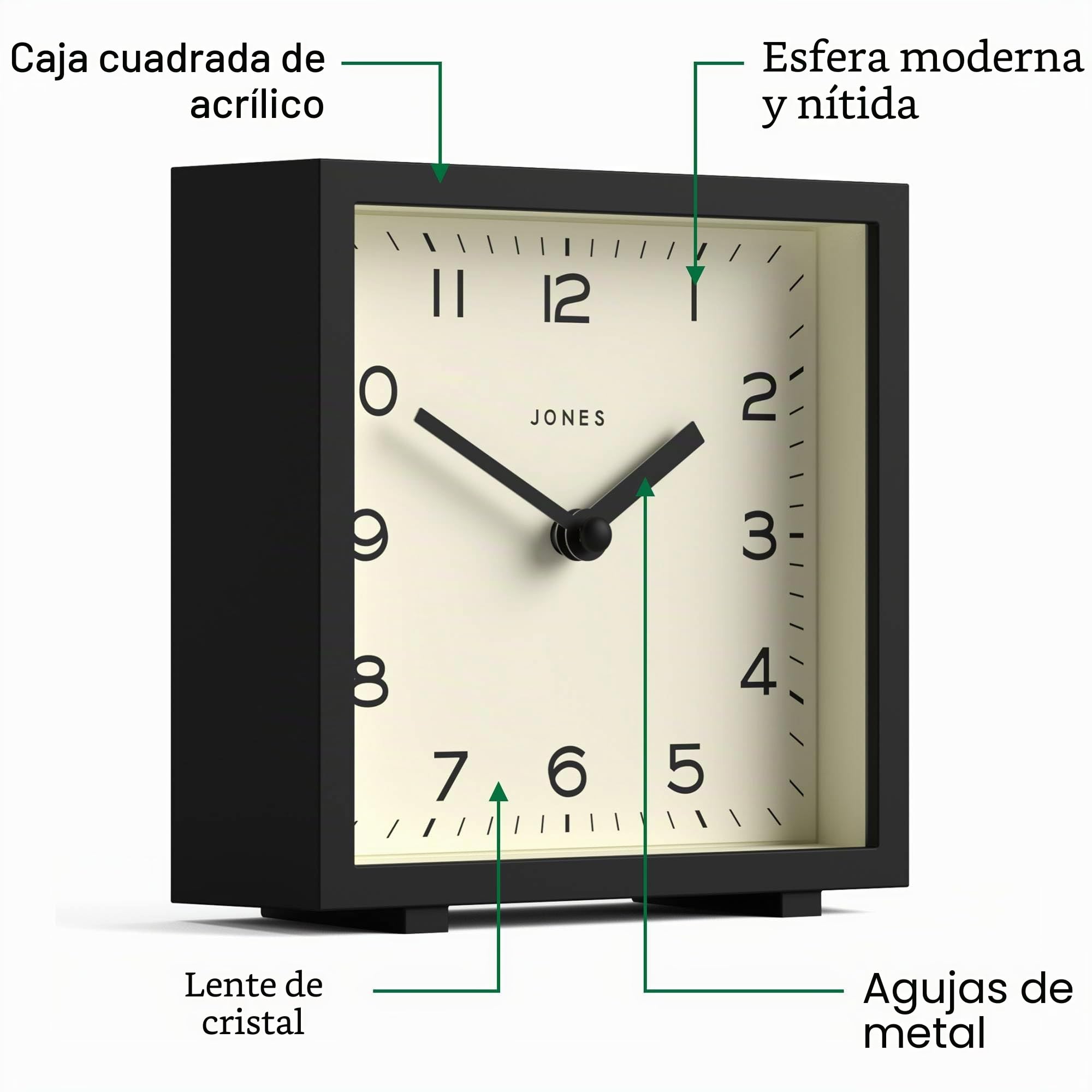 JONES CLOCKS® Disco Reloj de Escritorio | Diseño Cuadrado y Elegante | Negro | Elegante y fácil de Leer para estantería, Mesa, repisa o mesilla de Noche