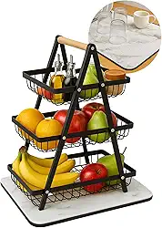 Kit Fruteira de Mesa 3 Andares com Alça de Madeira + Tapete Absorvente Antiderrapante – Organização de Cozinha Elegante – Perfeita para Decoração Cozinha