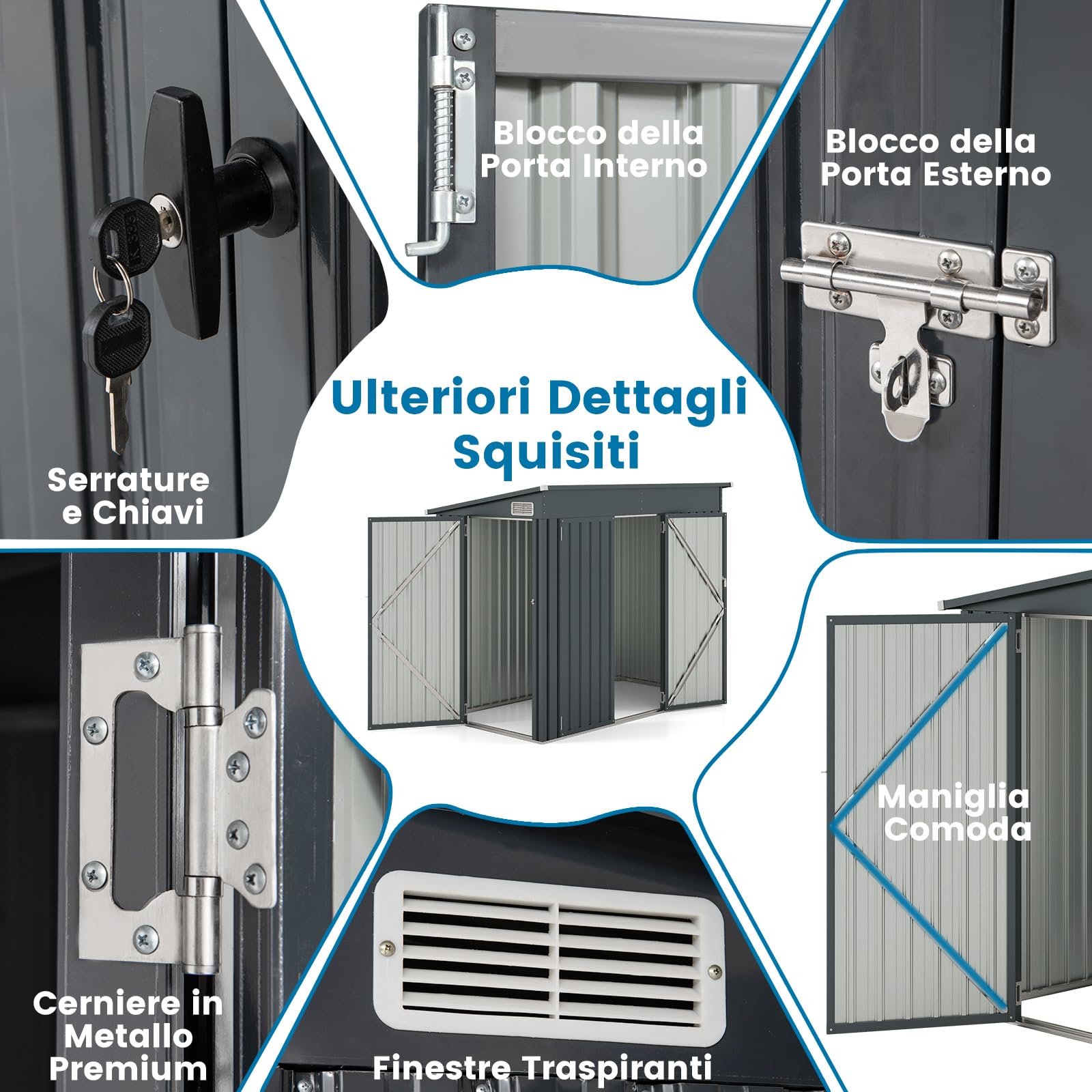 COSTWAY Capanno da Giardino 2,6㎡, Casetta Porta Attrezzi da Esterno in Metallo Zincato Resistente alle Intemperie con 2 Porte e Tetto Inclinato, Ripostiglio per Cortile (Grigio)