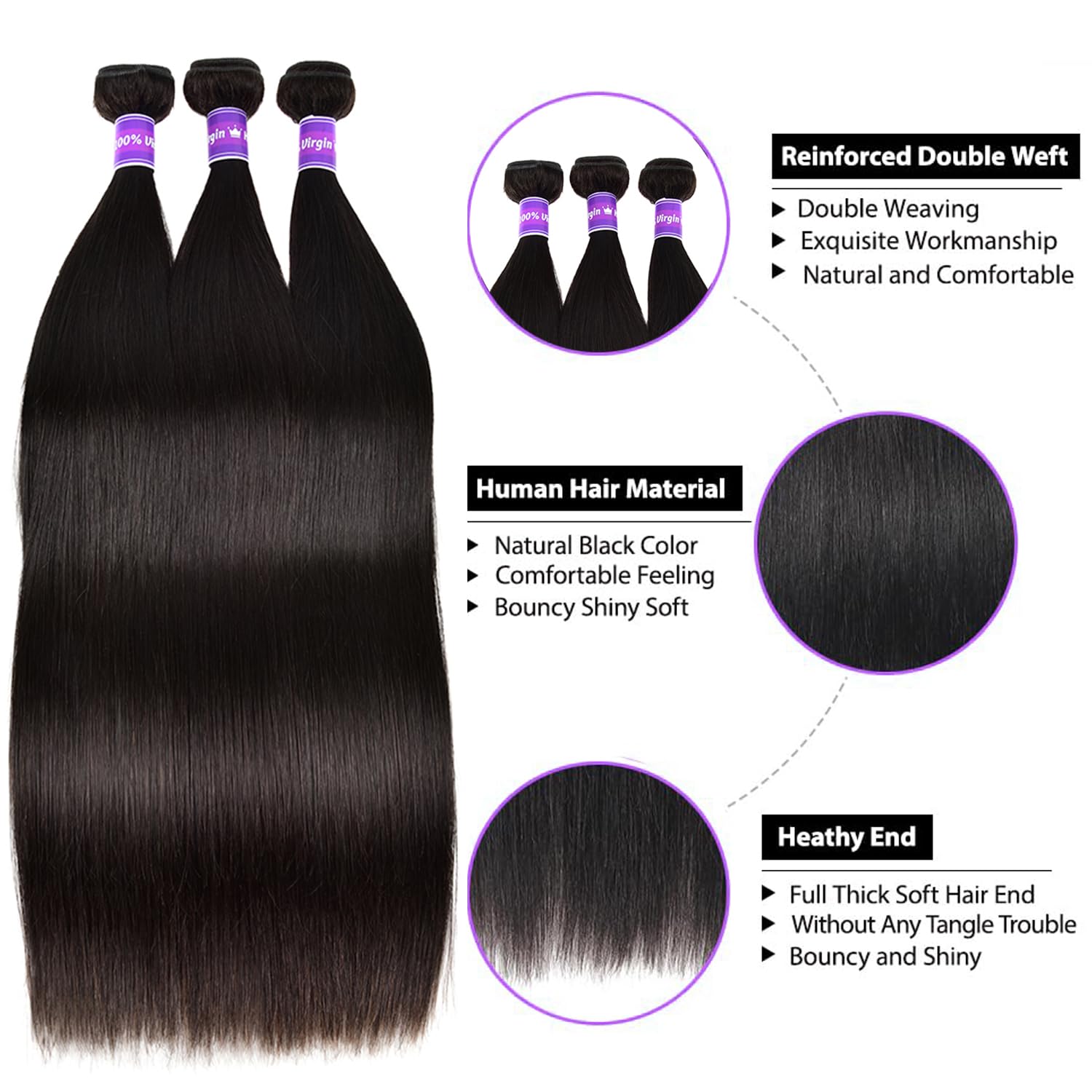 Straight Brazilian Virgin Human Hair Extensions 3 Bundles 26 28 30 Inch Straight Bundles Human Hair 26 28 30 Inch 3 Bundles Human  main image 2