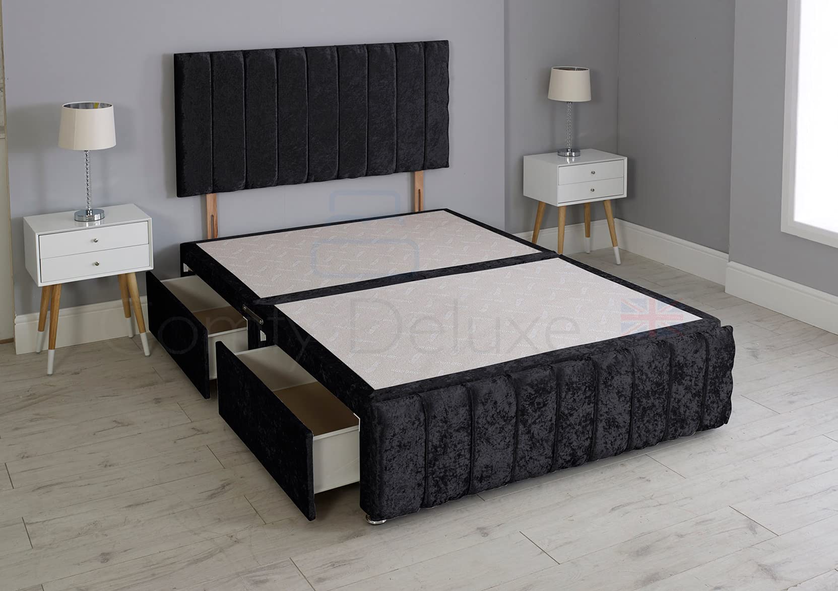 Comfy Deluxe LTD Divan Bed Set - 2FT6 Small Single, Black | Crushed Velvet Ibex Bed Frame with 26 Inch Vertical Lined Headboard | No Mattress Included | No Storage Drawers | UK Made