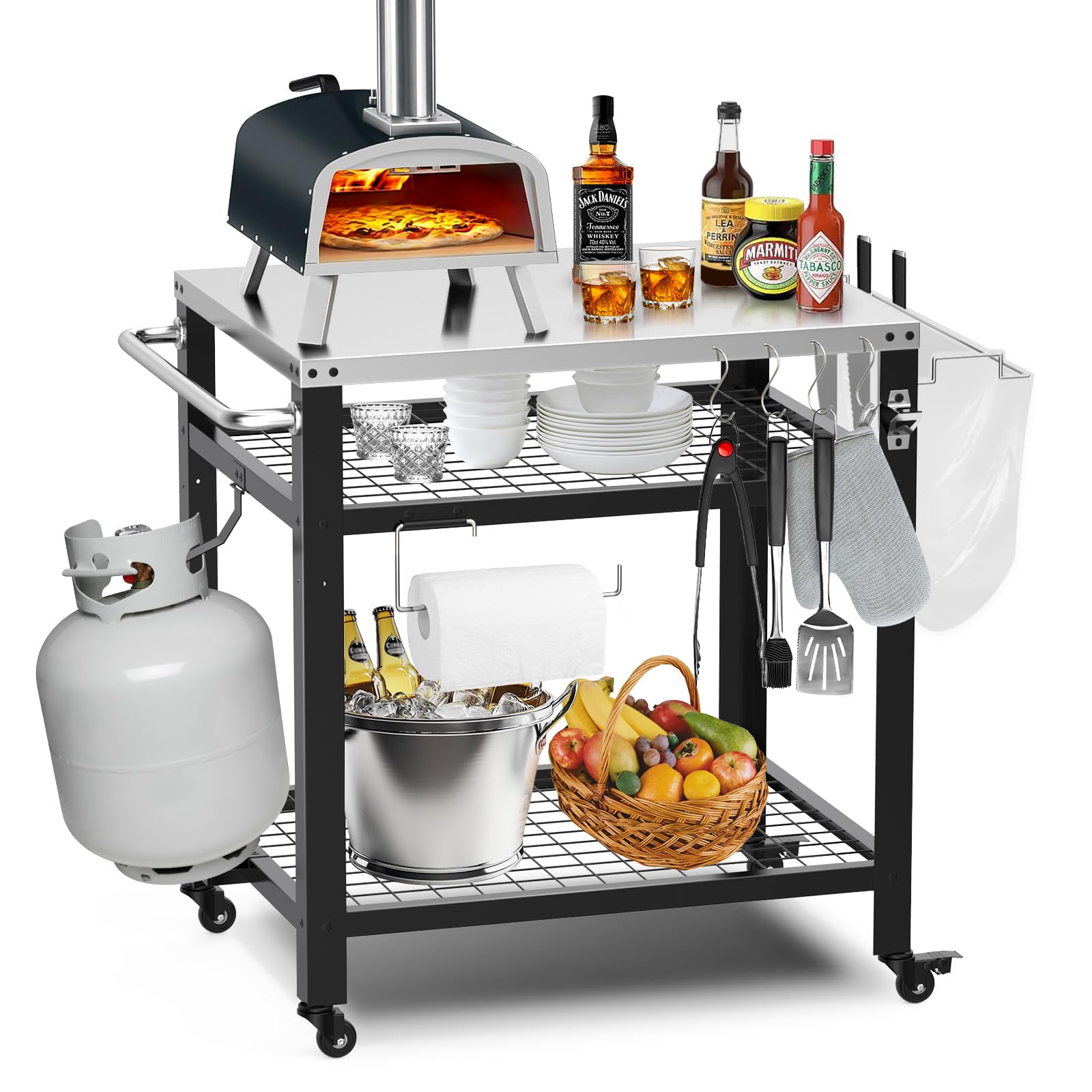 M METERXITY stainless pizza oven table with hooks and three shelves