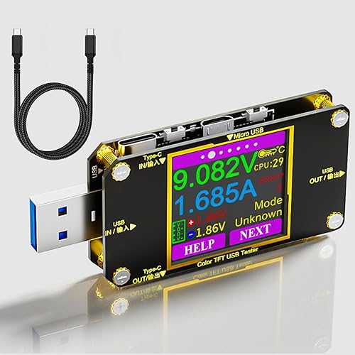 Probador de medidor de energía USB C, probador de carga de voltímetro USB Eversame, monitor de voltaje y corriente USB con cable USB C a USB C