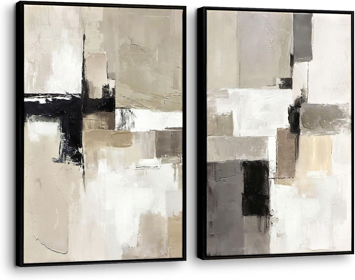 SAFERRYHOME Neutral Abstract Beige,Gray and Black Wall Art Set of 2,16"x24" | Large Framed Modern Hand-painted Beige, Gray and Black Abstract Canvas Paintings for Living Room Bedroom Office Decor Hallway