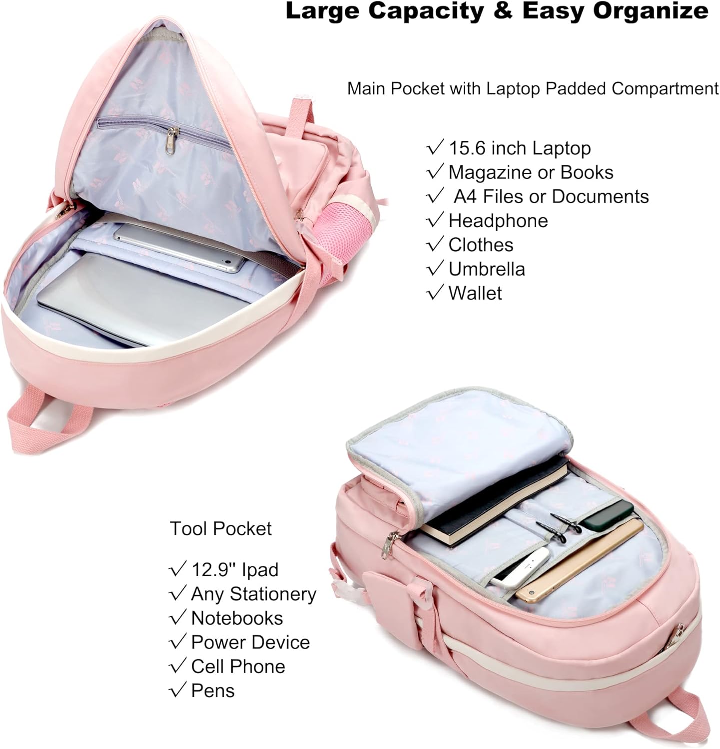 Backpack for Girls with Accessories Laptop Bookbags 16 Inch Kawaii Kids Elementary Middle High School Bag College Travel Daypack Gifts for Teens Women Students (Pink) - Image 3