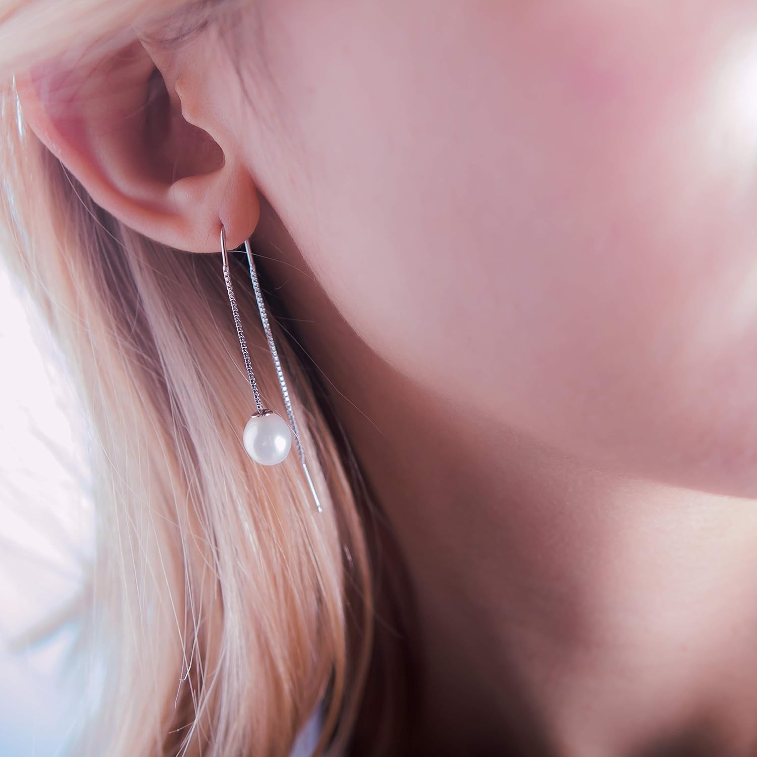 MOLAH 925 Sterling Silver Genuine Cultured Freshwater Pearl 8-8.5mm Threader Earrings Rhodium Plated - Image 2