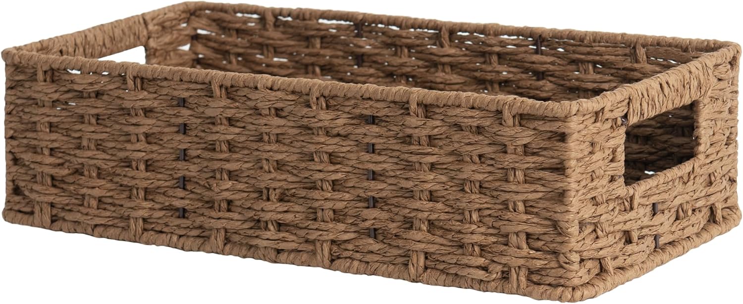 StorageWorks Toilet Tank Basket - Brown Handwoven Paper Rope Organizer with Handles, 14.25"L x 6.75"W x 3.75"H, Fits Most Toilets