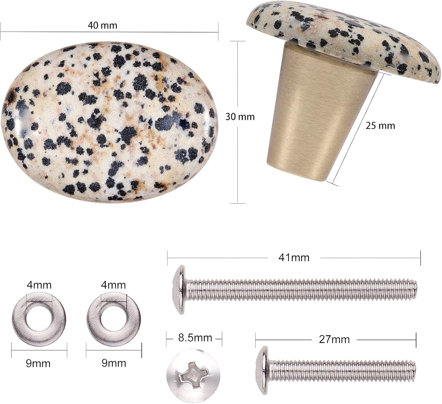 Amogeeli 4pcs Dalmation Stone Cabinet Knobs with Screws, Oval Shape Decorative Crystal Brass Knobs for Drawer