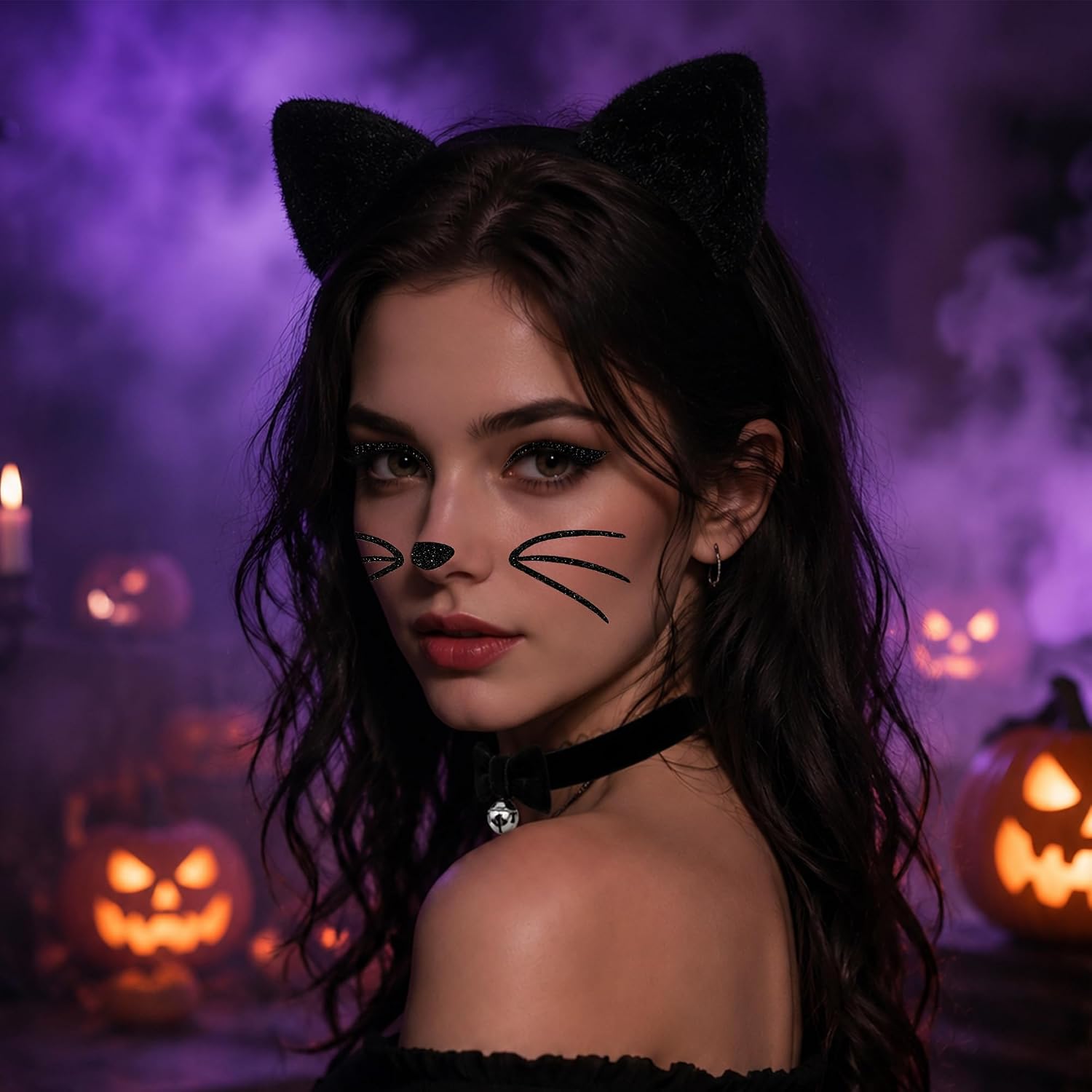MUKOSEL Cat Ears Headband, Bell Collar Cat Face Stickers Cat Costumes Women