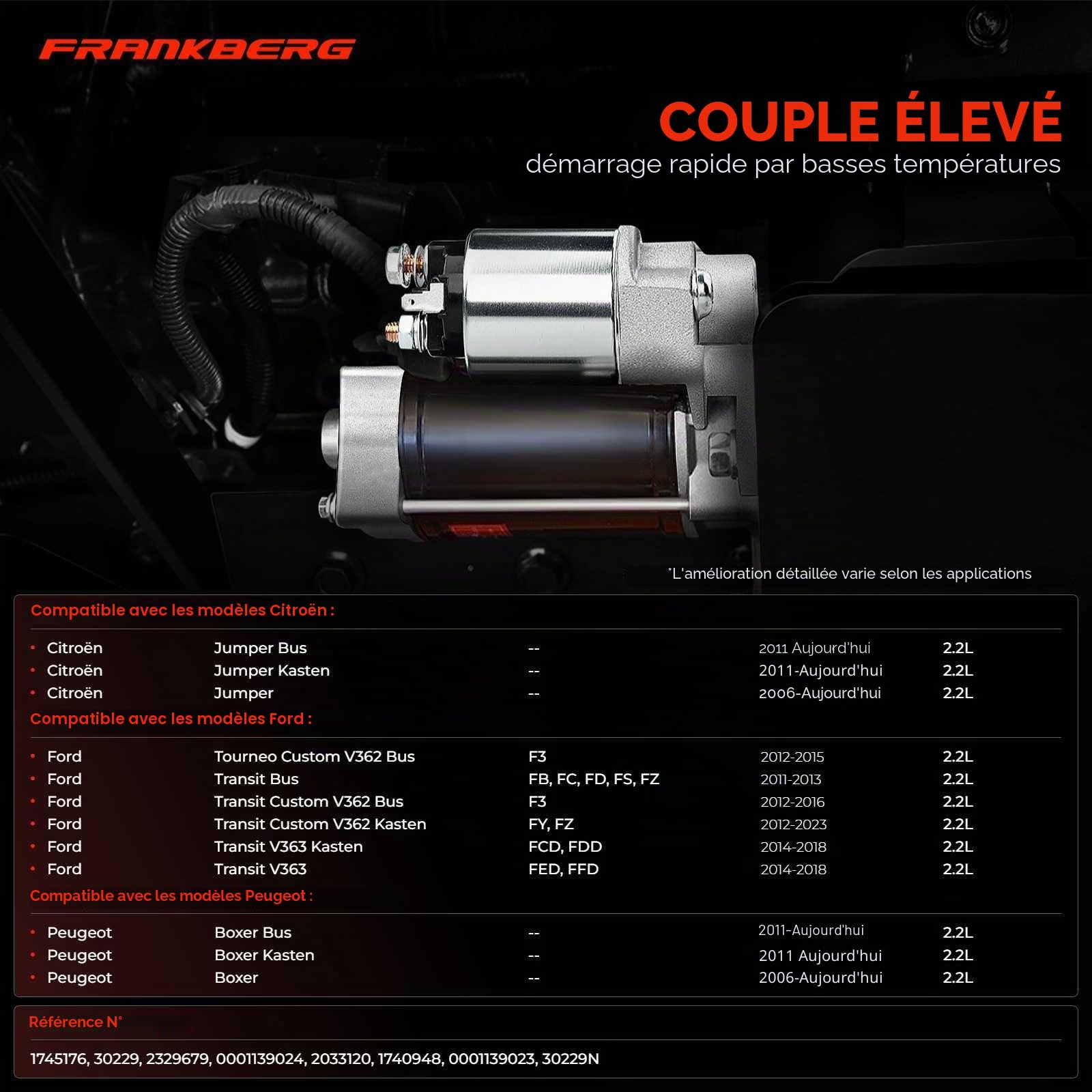 Frankberg Démarreur diesel 2 KW 12 V 1745176, 1740948 | 12 Zähnezahlahl; Compatible avec: Bus Transit V363 FAD FBD, Boîte de jonction, Boîte de transit FA, Jumper Bus