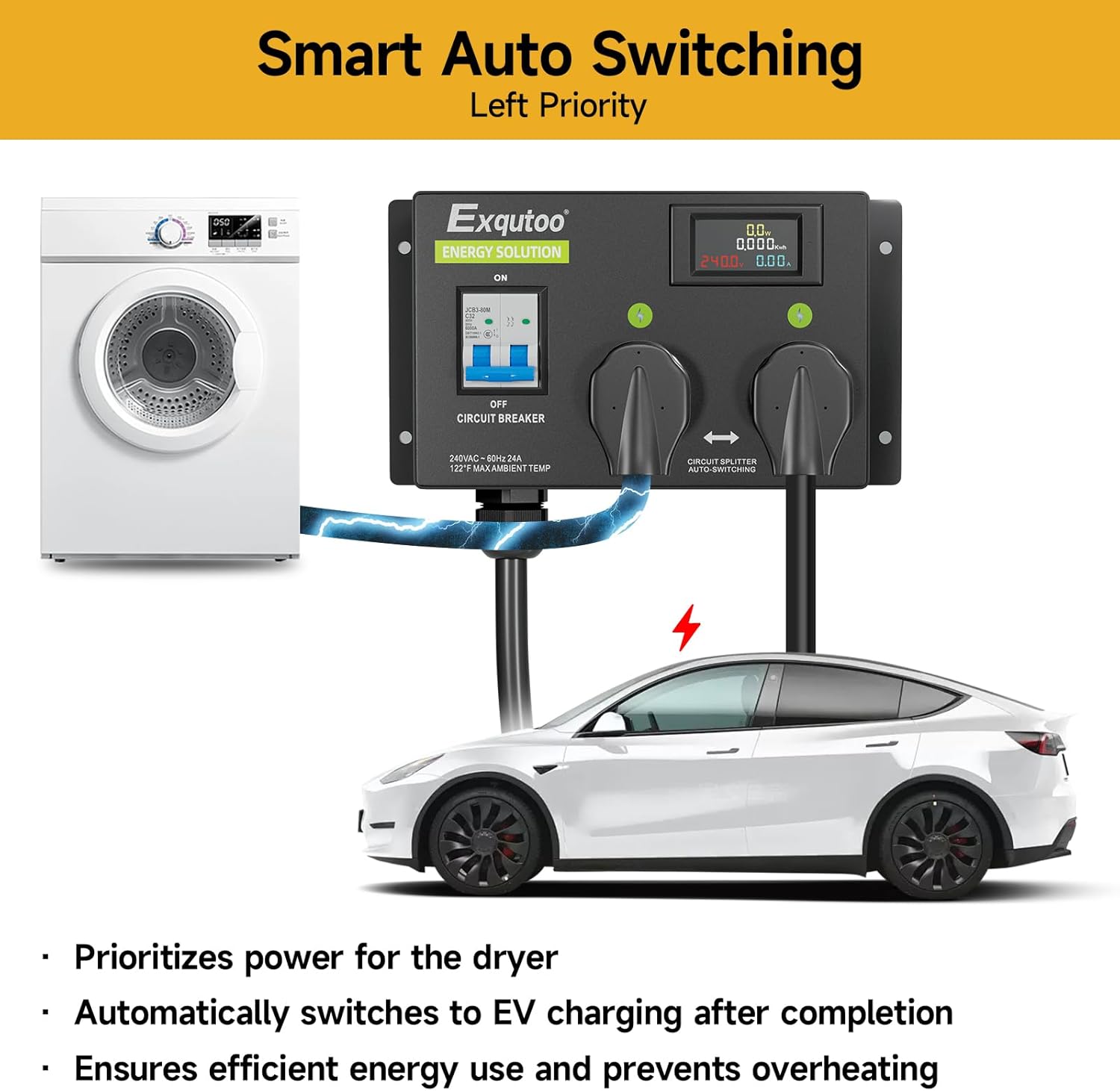 Exqutoo 4 Prong (NEMA14-50R) Dryer Splitter with Breaker - 24 Amp 240V Dryer EV Splitter, NEMA 14-30 to 14-50 Auto Switch for Dryer & EV, Left-Side Power Supply Priority, 2 EVs Fast Charging